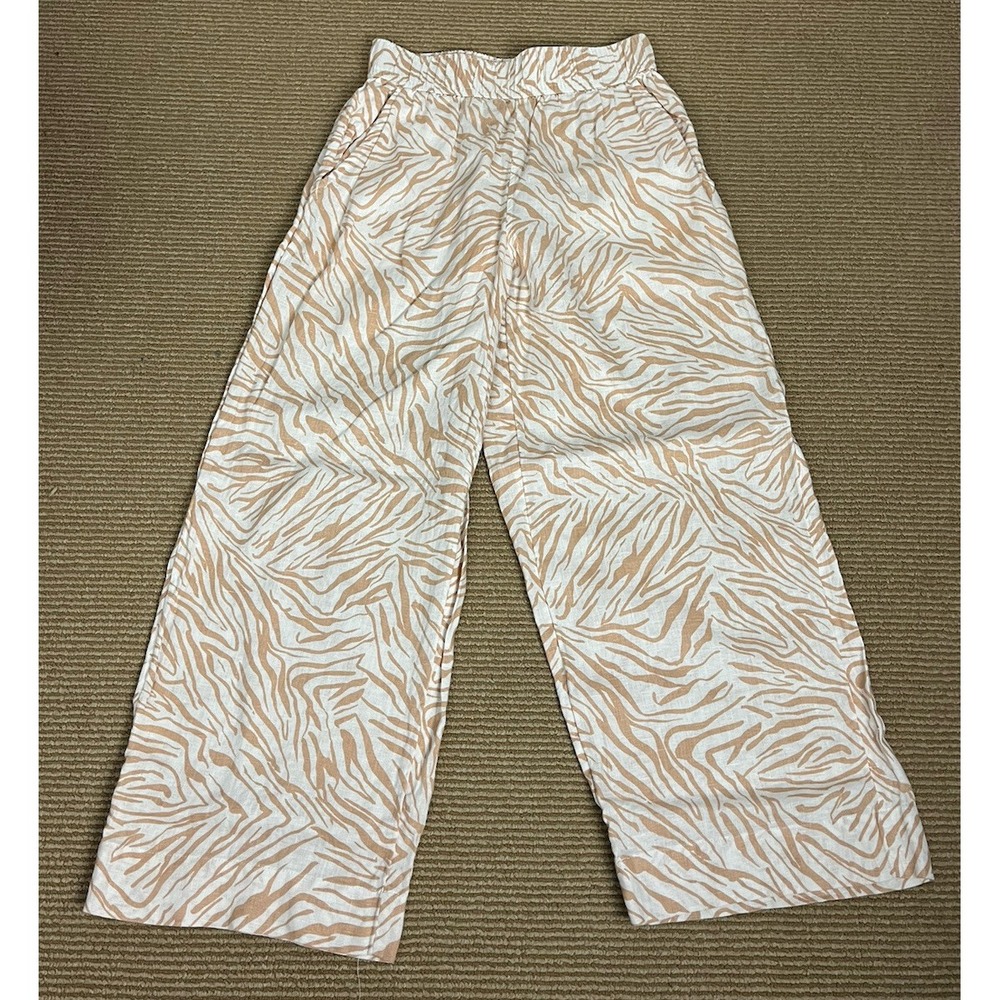Nicole Miller 100% Linen Wide Leg Cropped Linen Pants XS Beige Tan Animal Print